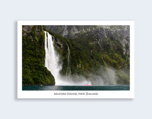 601 - Post Art Postcard - Milford Sound boat and waterfall