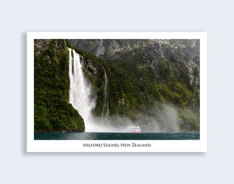 601 - Post Art Postcard - Milford Sound boat and waterfall