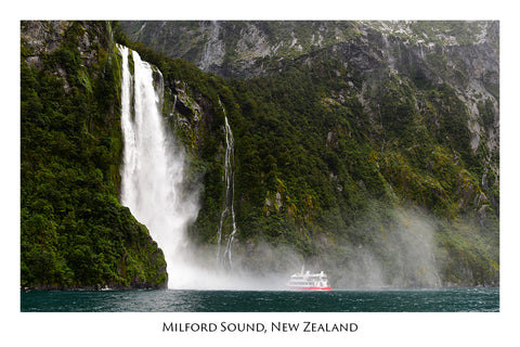 601 - Post Art Postcard - Milford Sound boat and waterfall